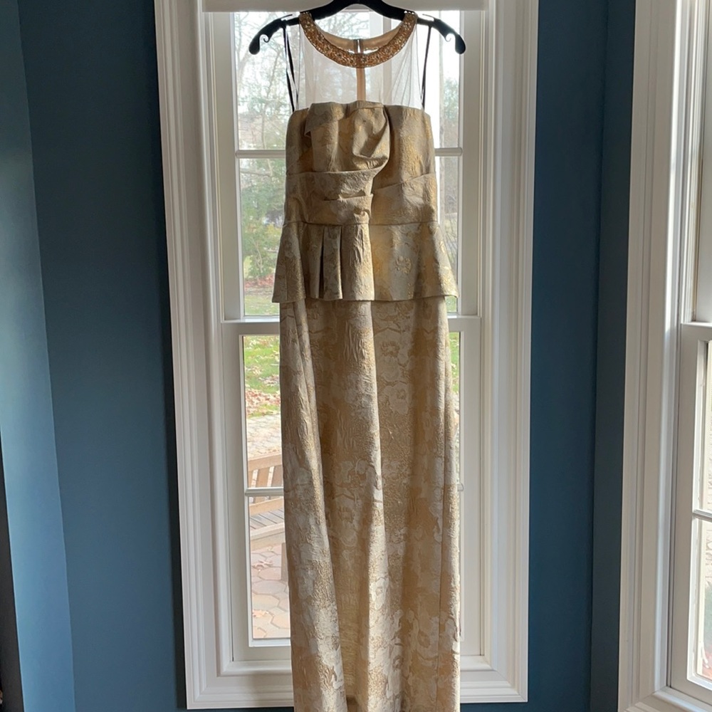 David Meister gold long evening gown with sheer top and beaded neckline